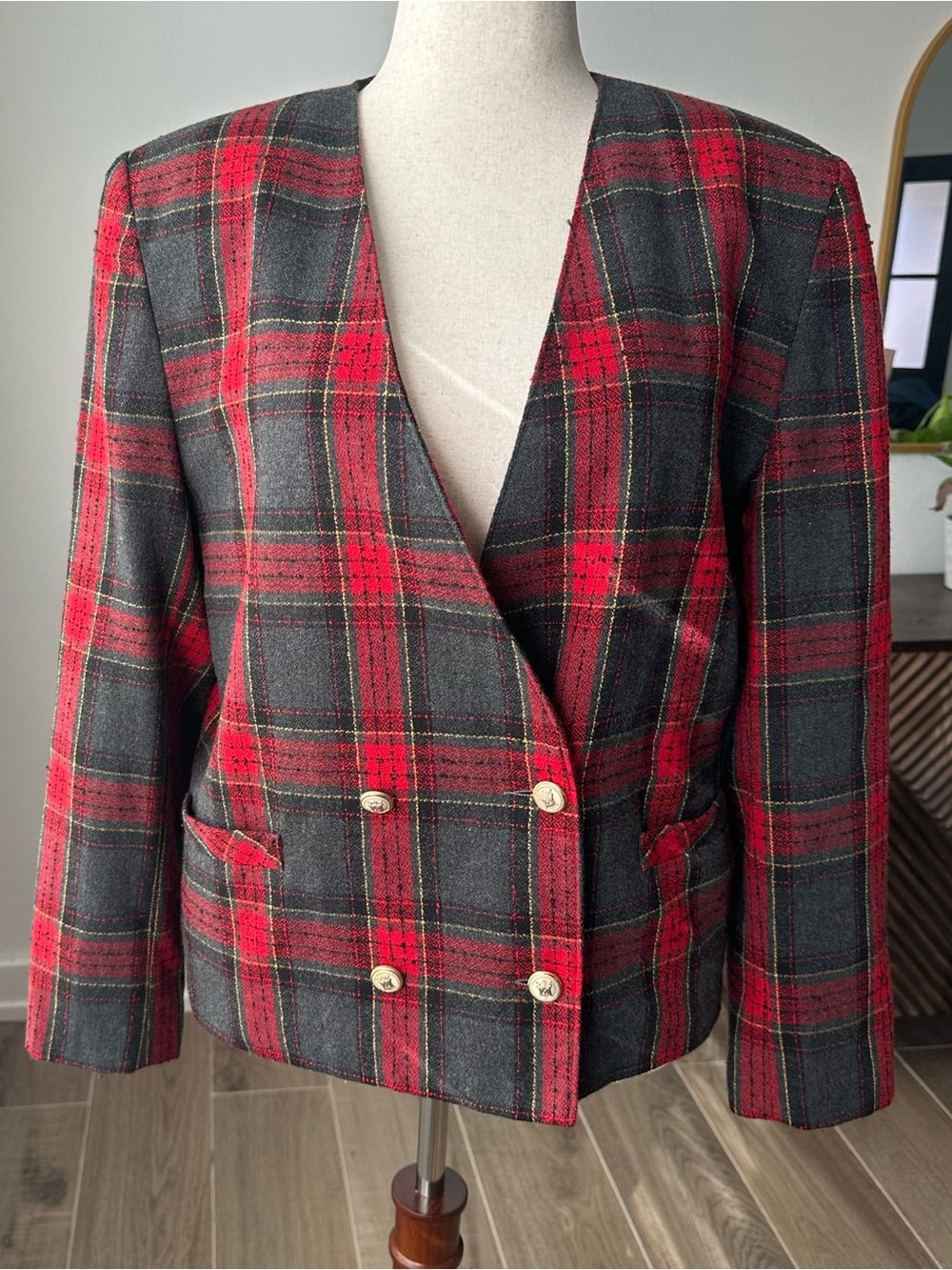 TanJay Red and Gray Plaid Double-Breasted Blazer